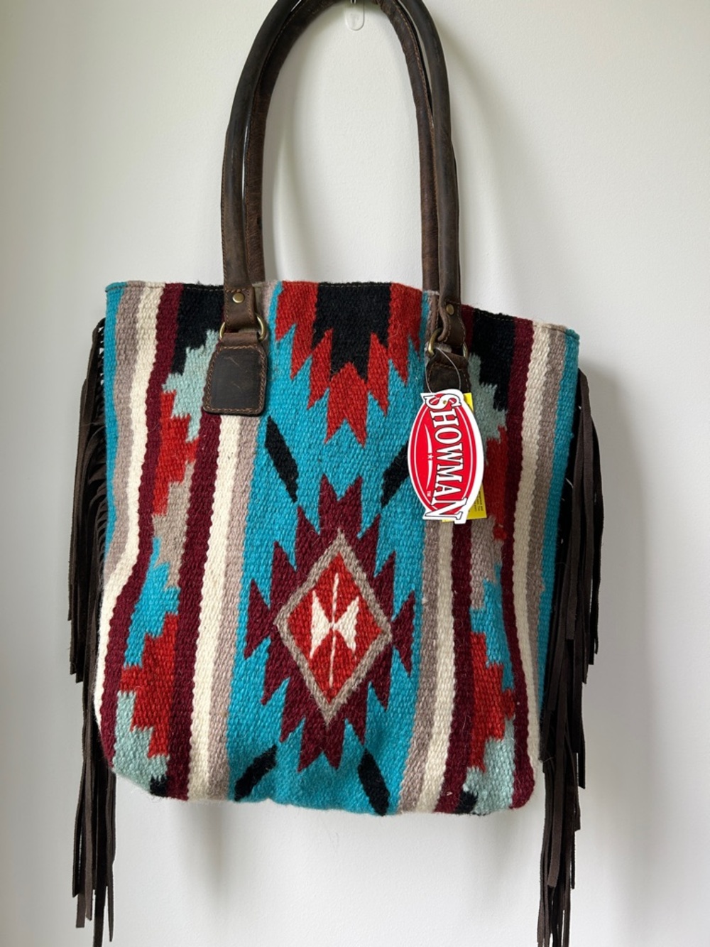 GENUINE LEATHER TEAL AND ORANGE SADDLE BLANKET HANDBAG WITH FRINGE
